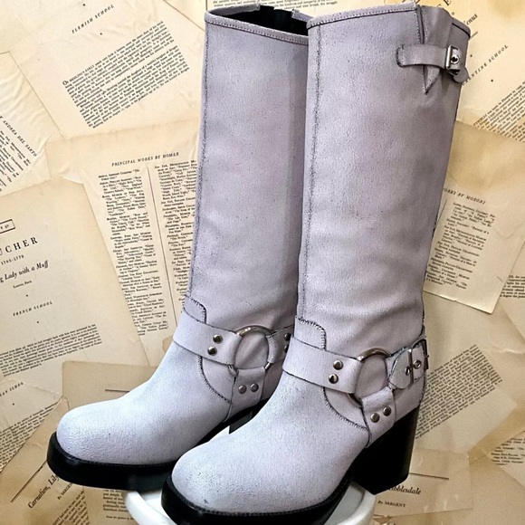 Anthropologie Jeffrey Campbell Tall Boots Harness Crackle Gray Leather - Picture 4 of 9